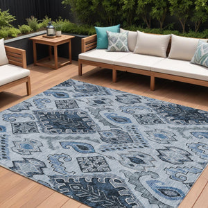Homeroots 3' Stylish Beige Teal Blue Copper Moroccan Washable Area Rug For Indoor And Outdoor Use 8' X 10' Polyester 586441