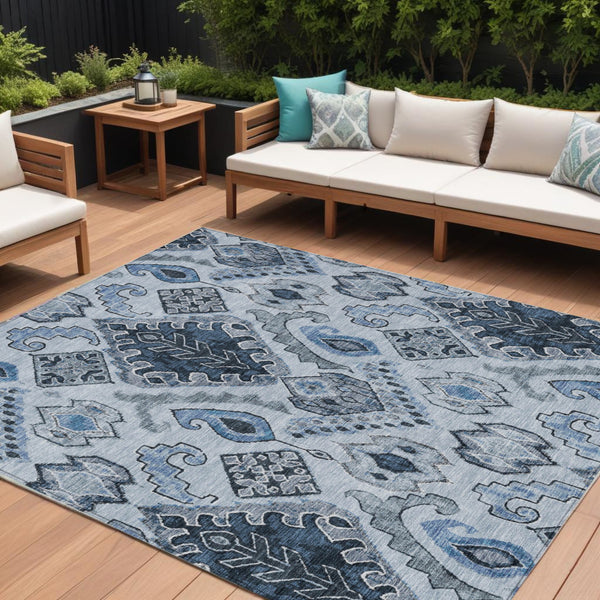 Homeroots 3' Stylish Beige Teal Blue Copper Moroccan Washable Area Rug For Indoor And Outdoor Use 9' X 12' Polyester 586442