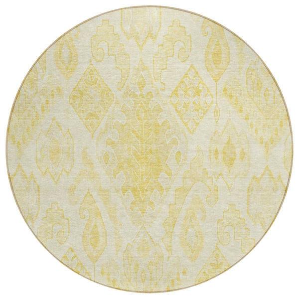 HomeRoots 5' Moroccan-Inspired Area Rug in Gold, Ivory, and Beige - Washable Indoor/Outdoor Elegance 8' Round 586464
