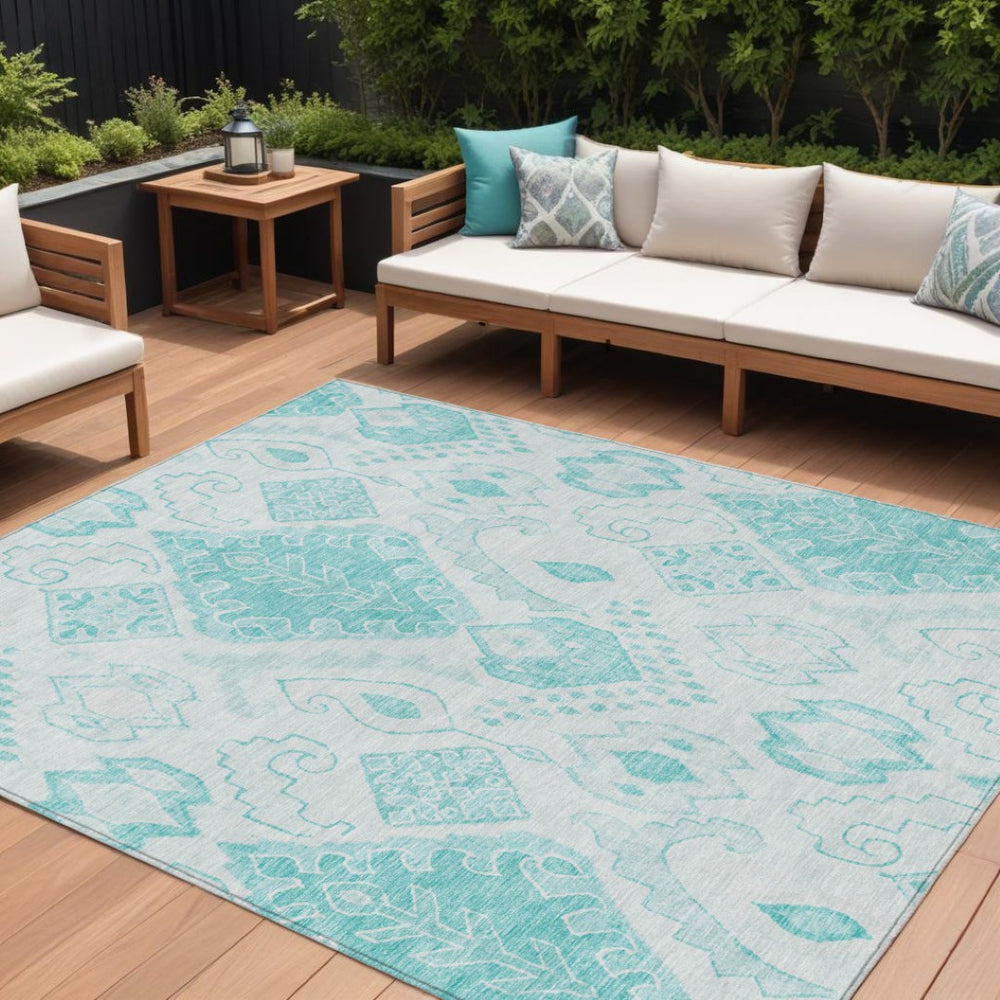 HomeRoots 5' Vibrant Teal Blue and Ivory Moroccan Area Rug - Washable, Durable, Indoor-Outdoor Versatility 10' X 14' 586485