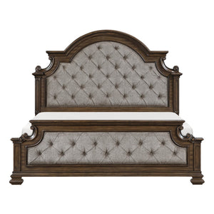 English Elm Traditional Arched Button Tufted California King Bed Gray Chenille Walnut Inlay Frame B011S02508