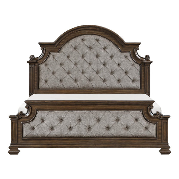 English Elm Traditional Arched Button Tufted California King Bed Gray Chenille Walnut Inlay Frame B011S02508