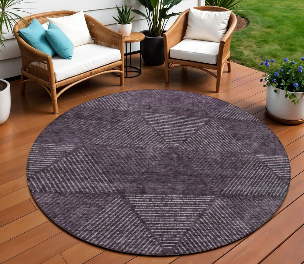 HomeRoots 5' Eggplant Purple and Gray Geometric Area Rug - Stylish, Washable Indoor/Outdoor Decor Solution 8' Round 586518
