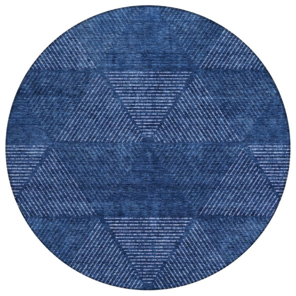 HomeRoots 5' Navy Blue and Sky Blue Geometric Area Rug - Stylish, Washable, Indoor/Outdoor, Easy Care Solution 8' Round 586530