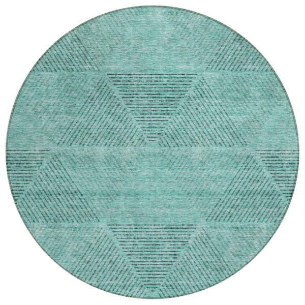 HomeRoots 5' Vibrant Teal Blue and Aqua Geometric Area Rug - Durable, Washable for Indoor & Outdoor Use 8' Round 586536