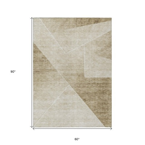 Homeroots 3' Beige Tan And Ivory Abstract Washable Rug - Perfect For Indoor And Outdoor Spaces, Durable & Stylish 5' X 8' Polyester 586595