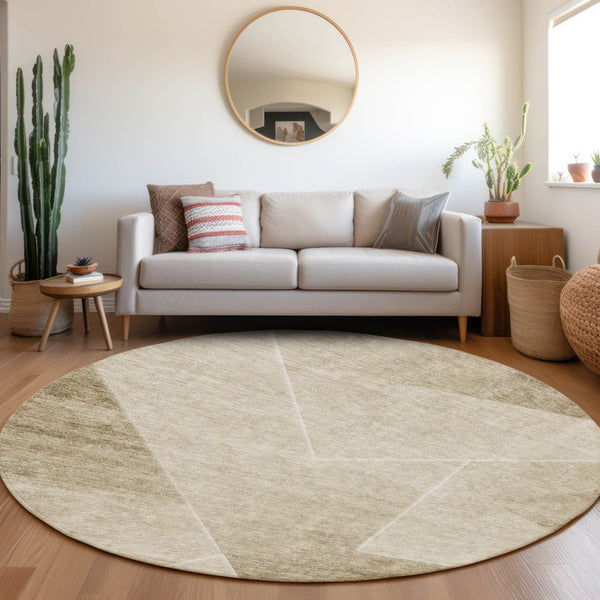 Homeroots 3' Beige Tan And Ivory Abstract Washable Rug - Perfect For Indoor And Outdoor Spaces, Durable & Stylish 8' Round Polyester 586596