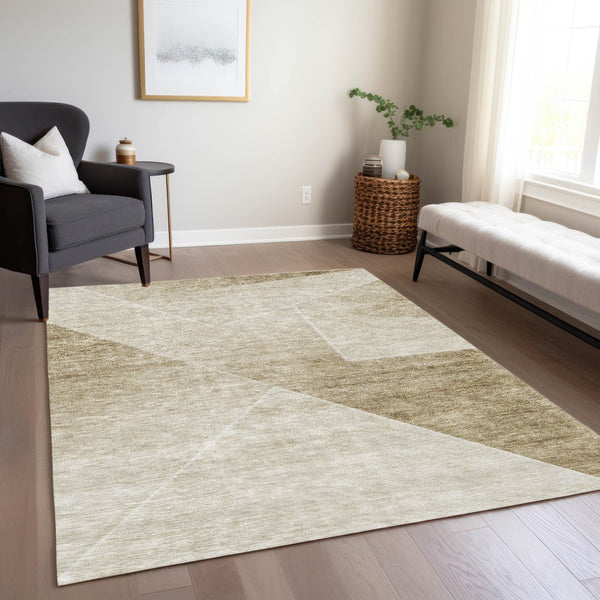 Homeroots 3' Beige Tan And Ivory Abstract Washable Rug - Perfect For Indoor And Outdoor Spaces, Durable & Stylish 8' X 10' Polyester 586597