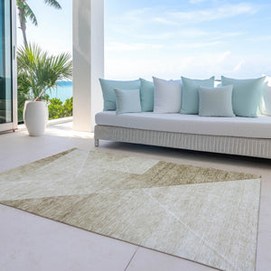 Homeroots 3' Beige Tan And Ivory Abstract Washable Rug - Perfect For Indoor And Outdoor Spaces, Durable & Stylish 10' X 14' Polyester 586599