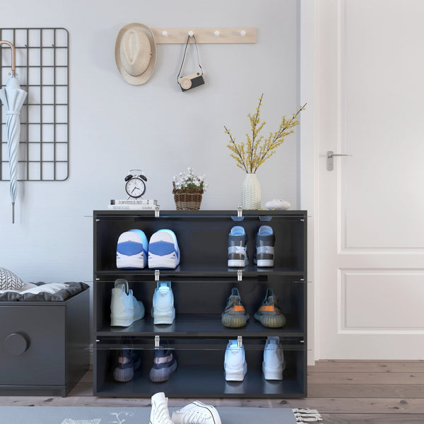 English Elm Black Glass Door Shoe Box Display Cabinet with RGB LED Lighting, Stackable Dustproof Showcase W331P235039