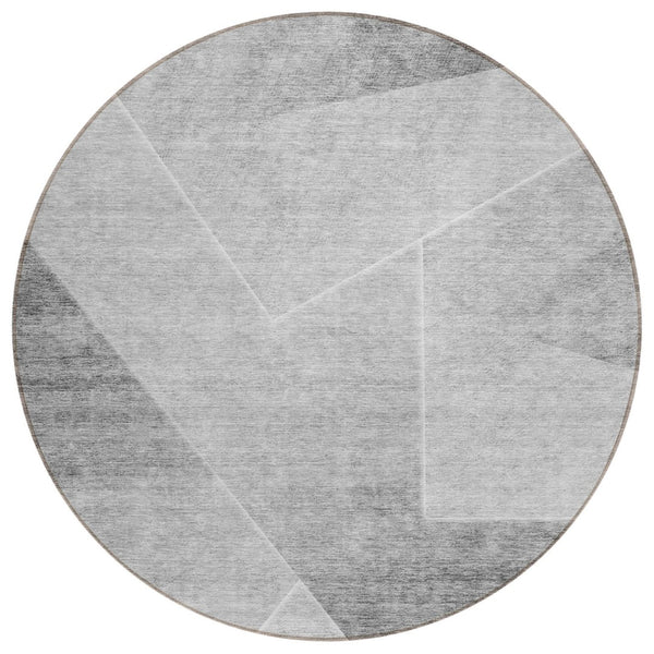 HomeRoots 5' Modern Abstract Washable Area Rug in Gray, Silver & Charcoal for Indoor & Outdoor Spaces 8' Round 586608