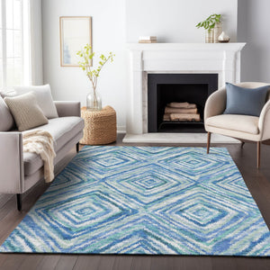 Homeroots 3' Stylish Denim Blue And Green Geometric Washable Area Rug For Indoor And Outdoor Elegance 3' X 5' Polyester 586636