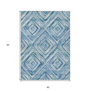 Homeroots 3' Stylish Denim Blue And Green Geometric Washable Area Rug For Indoor And Outdoor Elegance 5' X 8' Polyester 586637
