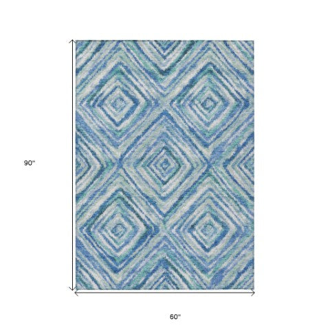 Homeroots 3' Stylish Denim Blue And Green Geometric Washable Area Rug For Indoor And Outdoor Elegance 5' X 8' Polyester 586637