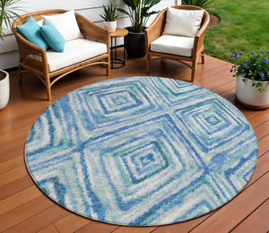 Homeroots 3' Stylish Denim Blue And Green Geometric Washable Area Rug For Indoor And Outdoor Elegance 8' Round Polyester 586638