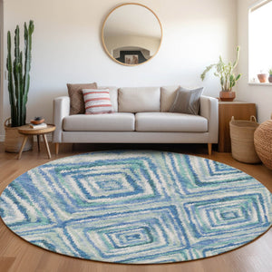 Homeroots 3' Stylish Denim Blue And Green Geometric Washable Area Rug For Indoor And Outdoor Elegance 8' Round Polyester 586638