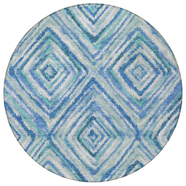 Homeroots 3' Stylish Denim Blue And Green Geometric Washable Area Rug For Indoor And Outdoor Elegance 8' Round Polyester 586638