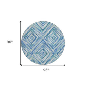 Homeroots 3' Stylish Denim Blue And Green Geometric Washable Area Rug For Indoor And Outdoor Elegance 8' Round Polyester 586638