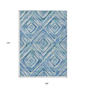 Homeroots 3' Stylish Denim Blue And Green Geometric Washable Area Rug For Indoor And Outdoor Elegance 9' X 12' Polyester 586640