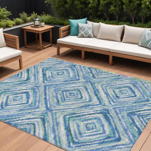 Homeroots 3' Stylish Denim Blue And Green Geometric Washable Area Rug For Indoor And Outdoor Elegance 10' X 14' Polyester 586641