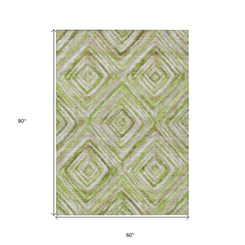 Homeroots 3' Stylish Denim Blue And Green Geometric Washable Area Rug For Indoor And Outdoor Elegance 5' X 8' Polyester 586643