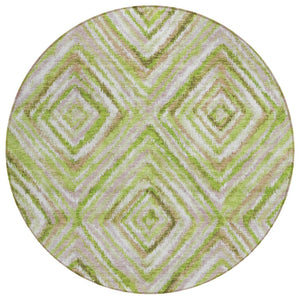 HomeRoots 5' Geometric Artichoke Green and Brown Washable Area Rug for Indoor and Outdoor Durability 8' Round 586644