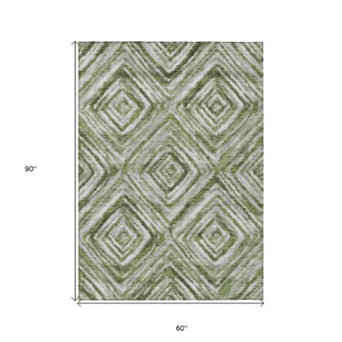 Homeroots 3' Artichoke Green And Sage Geometric Washable Indoor Outdoor Area Rug For Stylish Spaces 5' X 8' Polyester 586655