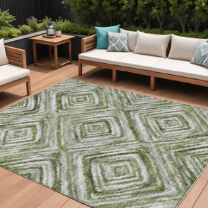 Homeroots 3' Artichoke Green And Sage Geometric Washable Indoor Outdoor Area Rug For Stylish Spaces 10' X 14' Polyester 586659