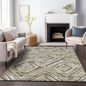 Homeroots 3' Artichoke Green And Sage Geometric Washable Indoor Outdoor Area Rug For Stylish Spaces 3' X 5' Polyester 586666