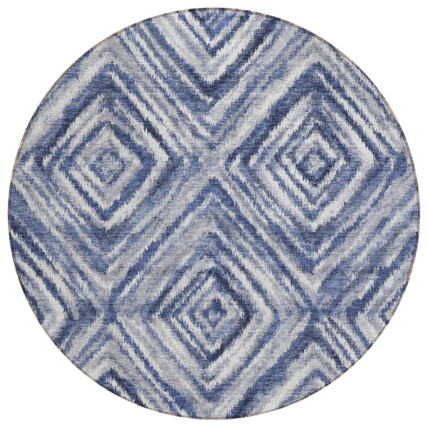 HomeRoots 5' Geometric Navy and Sky Blue Area Rug - Stylish, Washable, Durable for Indoor and Outdoor Use 8' Round 586674