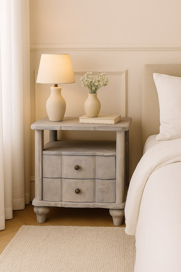 English Elm Solid Wood Lucia Bedside Table - Vintage Grey Finish, 2 Drawers & Open Shelf For Stylish Storage B182P372158-GIGA
