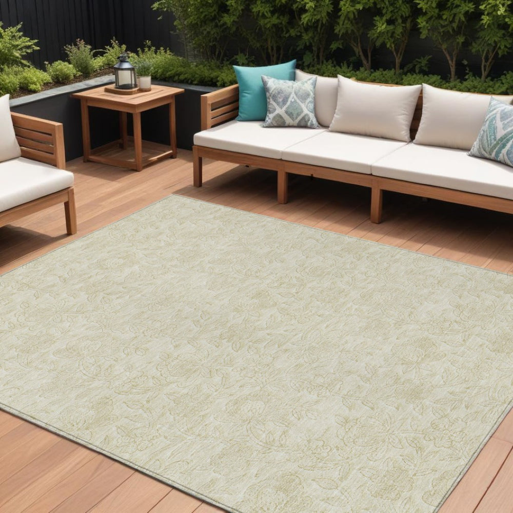 HomeRoots 5' Elegant Ivory and Beige Floral Area Rug - Durable, Washable Design for Indoor and Outdoor Spaces 10' X 14' 586707