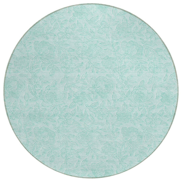 HomeRoots 5' Teal Blue and Aqua Floral Area Rug - Stylish, Washable, Indoor/Outdoor, Durable for High Traffic Areas 8' Round 586728