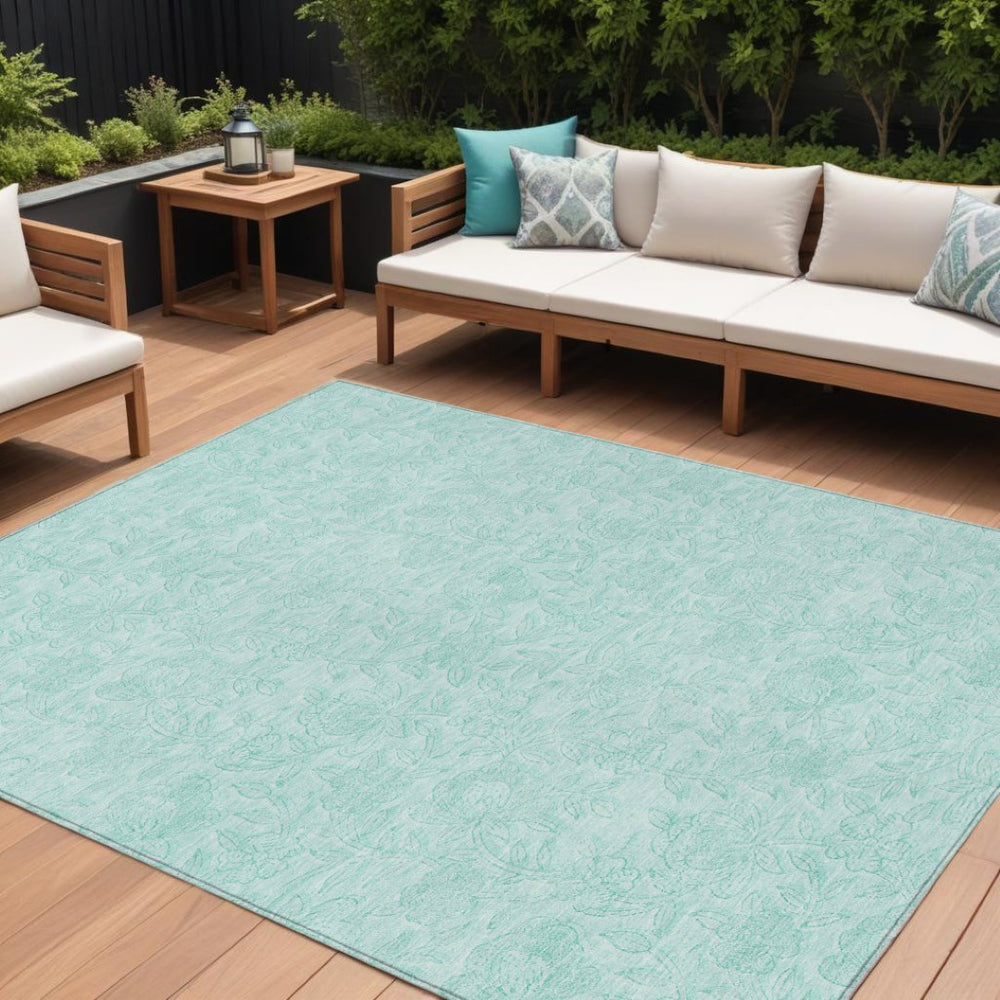 HomeRoots 5' Teal Blue and Aqua Floral Area Rug - Stylish, Washable, Indoor/Outdoor, Durable for High Traffic Areas 10' X 14' 586731