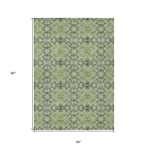 Homeroots 3' Elegant Artichoke Green Medallion Rug - Washable Indoor/Outdoor Solution For Any Space 5' X 8' Polyester 586733