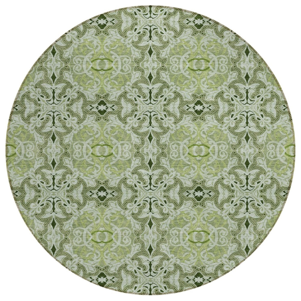 HomeRoots 5' Artichoke Green and Fern Green Medallion Area Rug - Stylish, Washable, Durable for Indoor/Outdoor Use 8' Round 586734