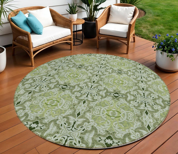 HomeRoots 5' Artichoke Green and Fern Green Medallion Area Rug - Stylish, Washable, Durable for Indoor/Outdoor Use 8' Round 586734