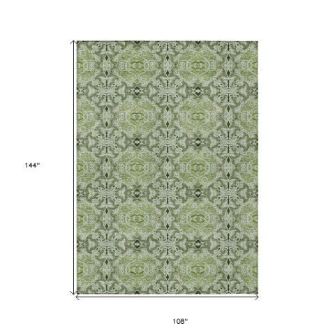 Homeroots 3' Elegant Artichoke Green Medallion Rug - Washable Indoor/Outdoor Solution For Any Space 9' X 12' Polyester 586736