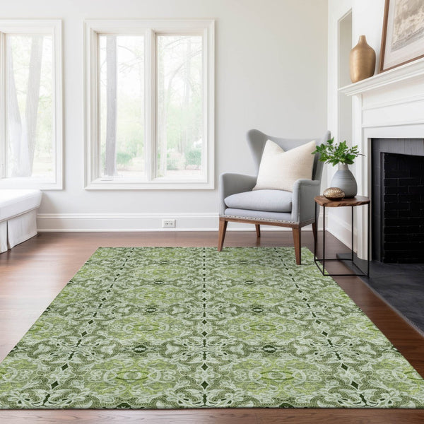 Homeroots 3' Elegant Artichoke Green Medallion Rug - Washable Indoor/Outdoor Solution For Any Space 9' X 12' Polyester 586736