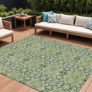 Homeroots 3' Elegant Artichoke Green Medallion Rug - Washable Indoor/Outdoor Solution For Any Space 10' X 14' Polyester 586737