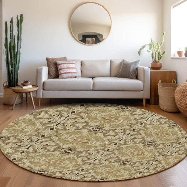 Homeroots 3' Elegant Artichoke Green Medallion Rug - Washable Indoor/Outdoor Solution For Any Space 8' Round Polyester 586740