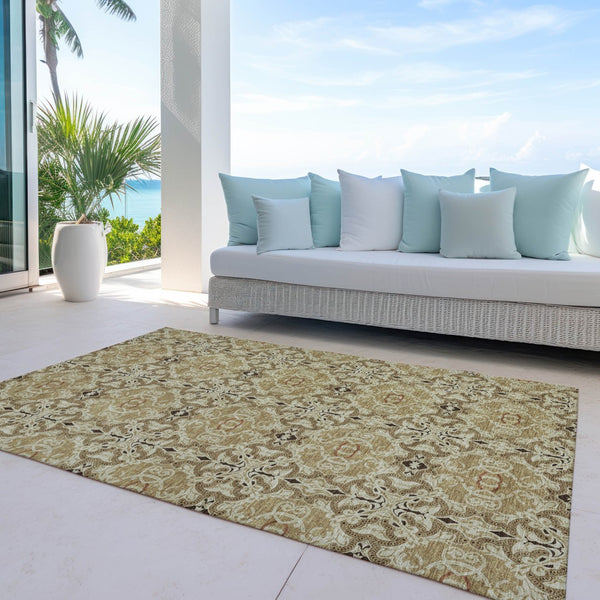 Homeroots 3' Elegant Artichoke Green Medallion Rug - Washable Indoor/Outdoor Solution For Any Space 10' X 14' Polyester 586743