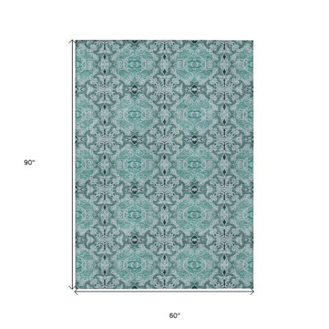 Homeroots 3' Elegant Artichoke Green Medallion Rug - Washable Indoor/Outdoor Solution For Any Space 5' X 8' Polyester 586769