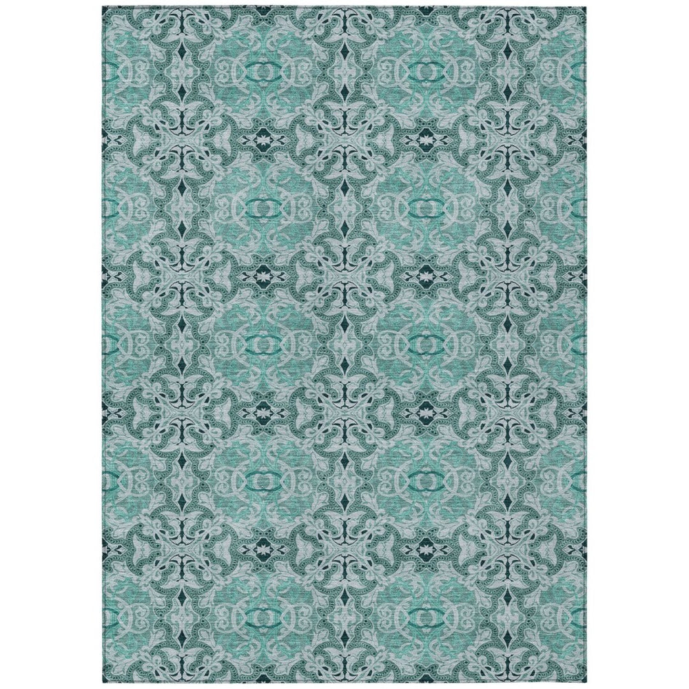 HomeRoots 5' Medallion Area Rug in Teal Blue and Aqua – Durable, Washable, Indoor/Outdoor Comfort and Style 5' X 8' 586769