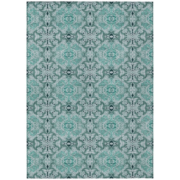 HomeRoots 5' Medallion Area Rug in Teal Blue and Aqua – Durable, Washable, Indoor/Outdoor Comfort and Style 5' X 8' 586769