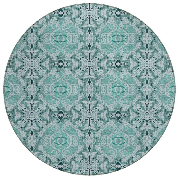 HomeRoots 5' Medallion Area Rug in Teal Blue and Aqua – Durable, Washable, Indoor/Outdoor Comfort and Style 8' Round 586770