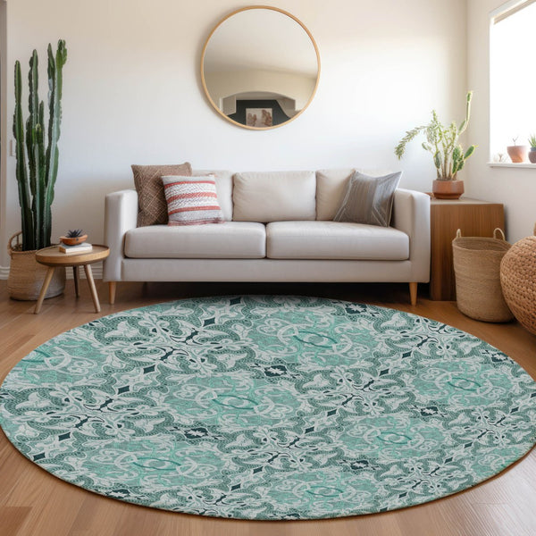 Homeroots 3' Elegant Artichoke Green Medallion Rug - Washable Indoor/Outdoor Solution For Any Space 8' Round Polyester 586770
