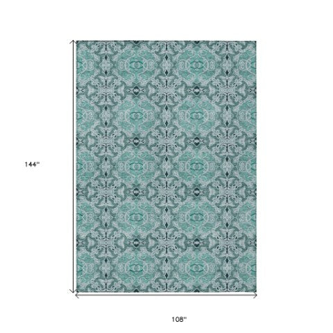 Homeroots 3' Elegant Artichoke Green Medallion Rug - Washable Indoor/Outdoor Solution For Any Space 9' X 12' Polyester 586772