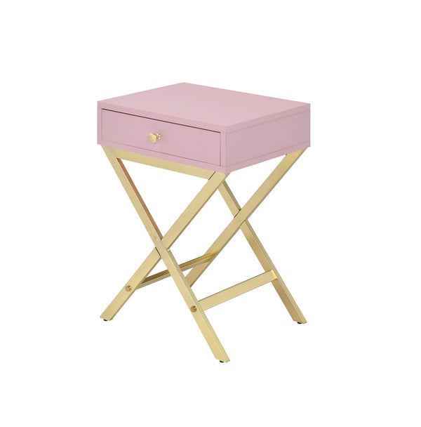 English Elm Coleen Pink & Gold Finish Accent Table with Drawer, Modern Metal X-Base, Durable Compact Side Table B2726P270993