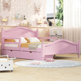 Full Size Wood Platform Bed With Guardrails On Both Sides and Two Storage Drawers ,Pink